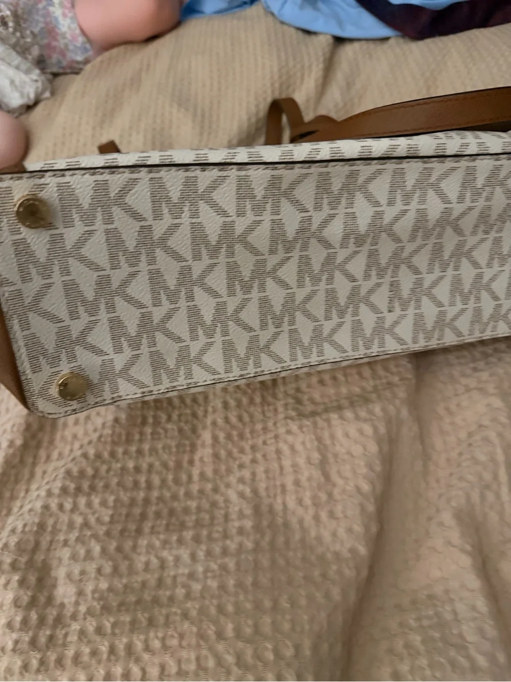 Michael Kors Tan and Cream MK Logo Tote with Gold Accent